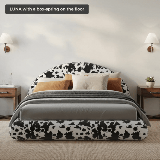 Luna set| Vegan Cowhide| All cushioned bed frame| SoftFrame Designs| Front view angle|