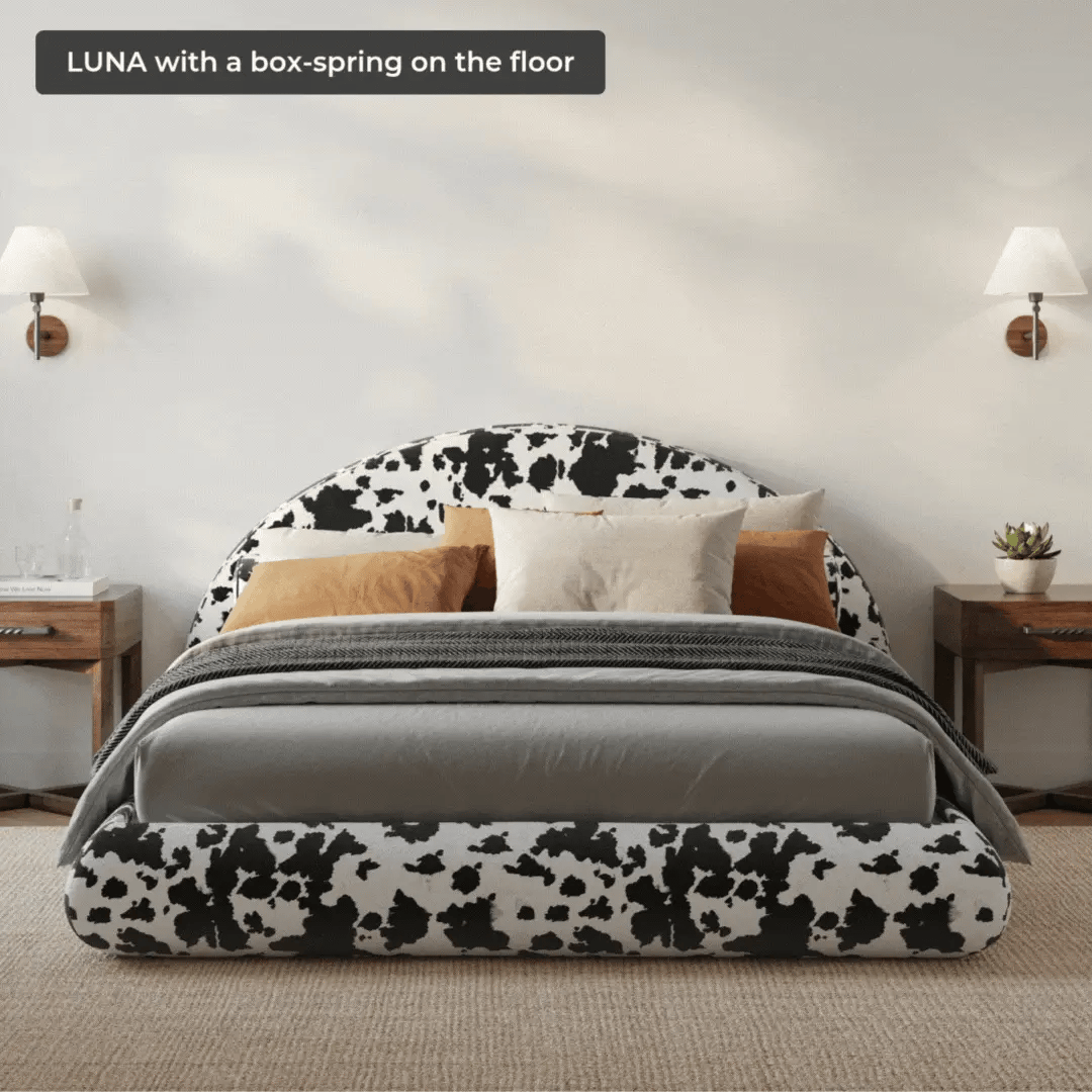 Luna set| Vegan Cowhide| All cushioned bed frame| SoftFrame Designs| Front view angle| 