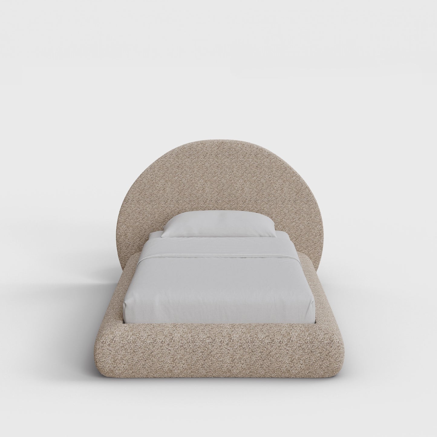 Luna Bed Frame Set | Fully Cushioned with Rounded Sides |  Teddy Light Brown Boucle Fabric | Front View | SoftFrame Designs