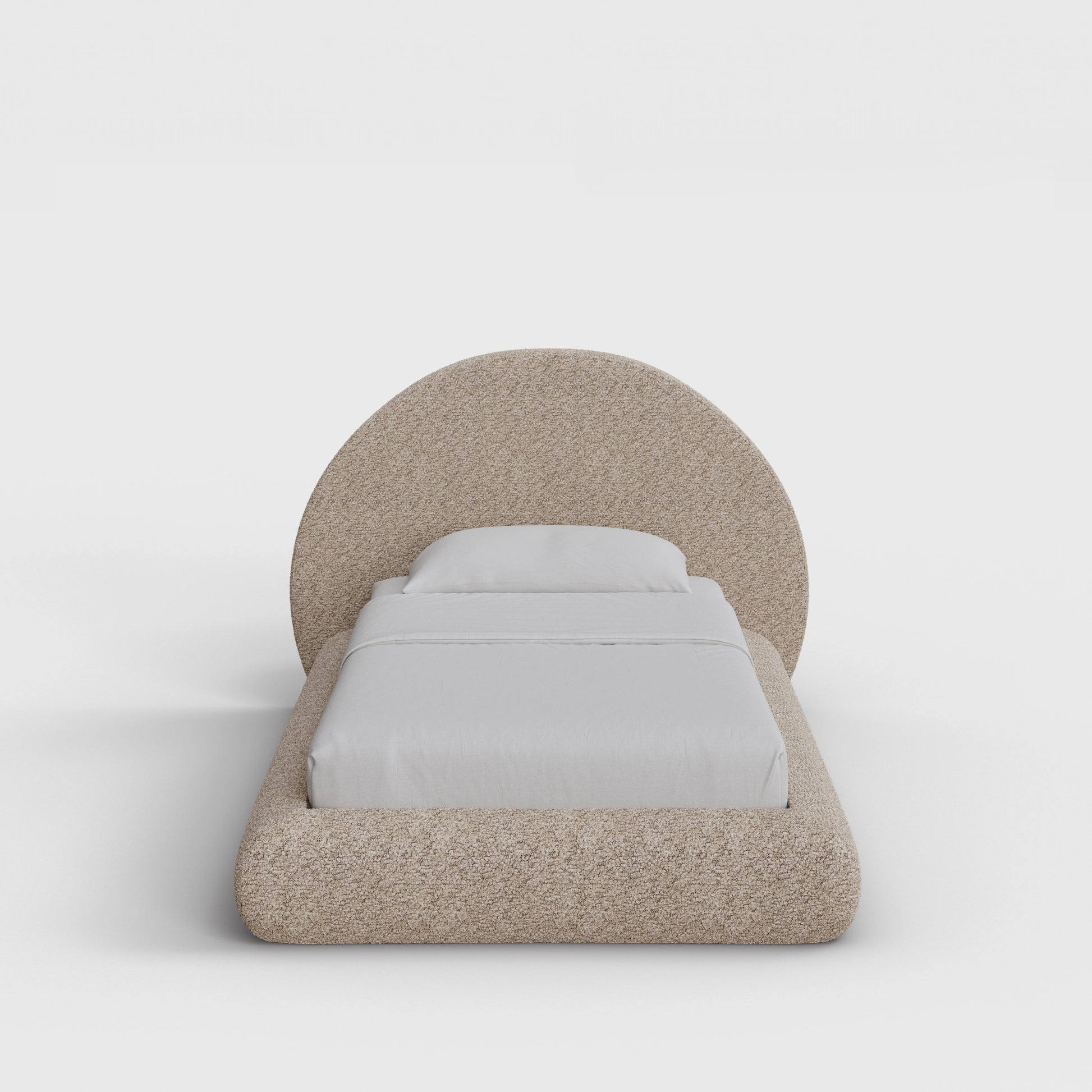 Luna Bed Frame Set | Fully Cushioned with Rounded Sides |  Teddy Light Brown Boucle Fabric | Front View | SoftFrame Designs