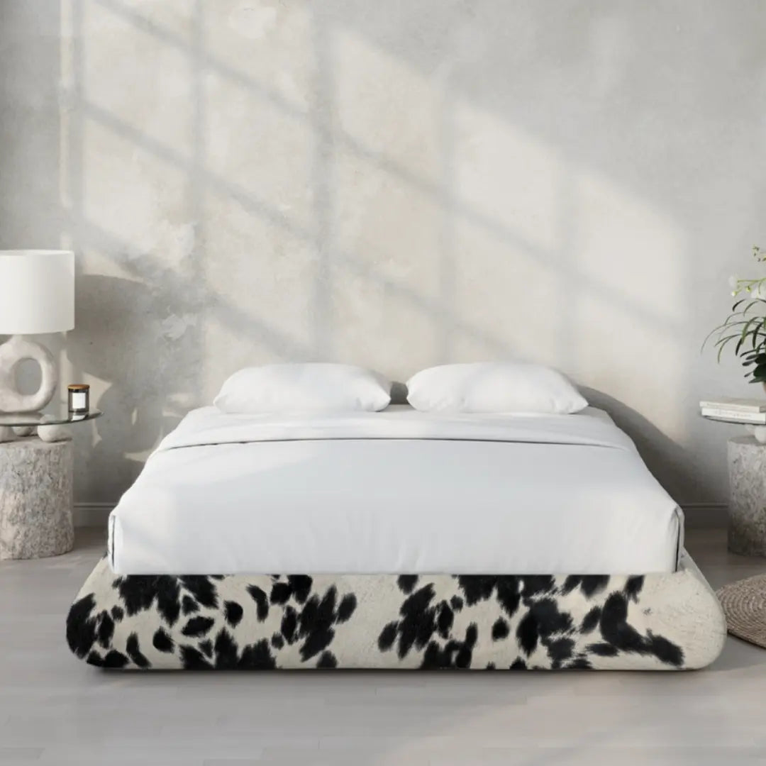 Cowhide cloud bed | Luna bed frame, Queen, Vegan Cowhide, Front view | SoftFrame Designs