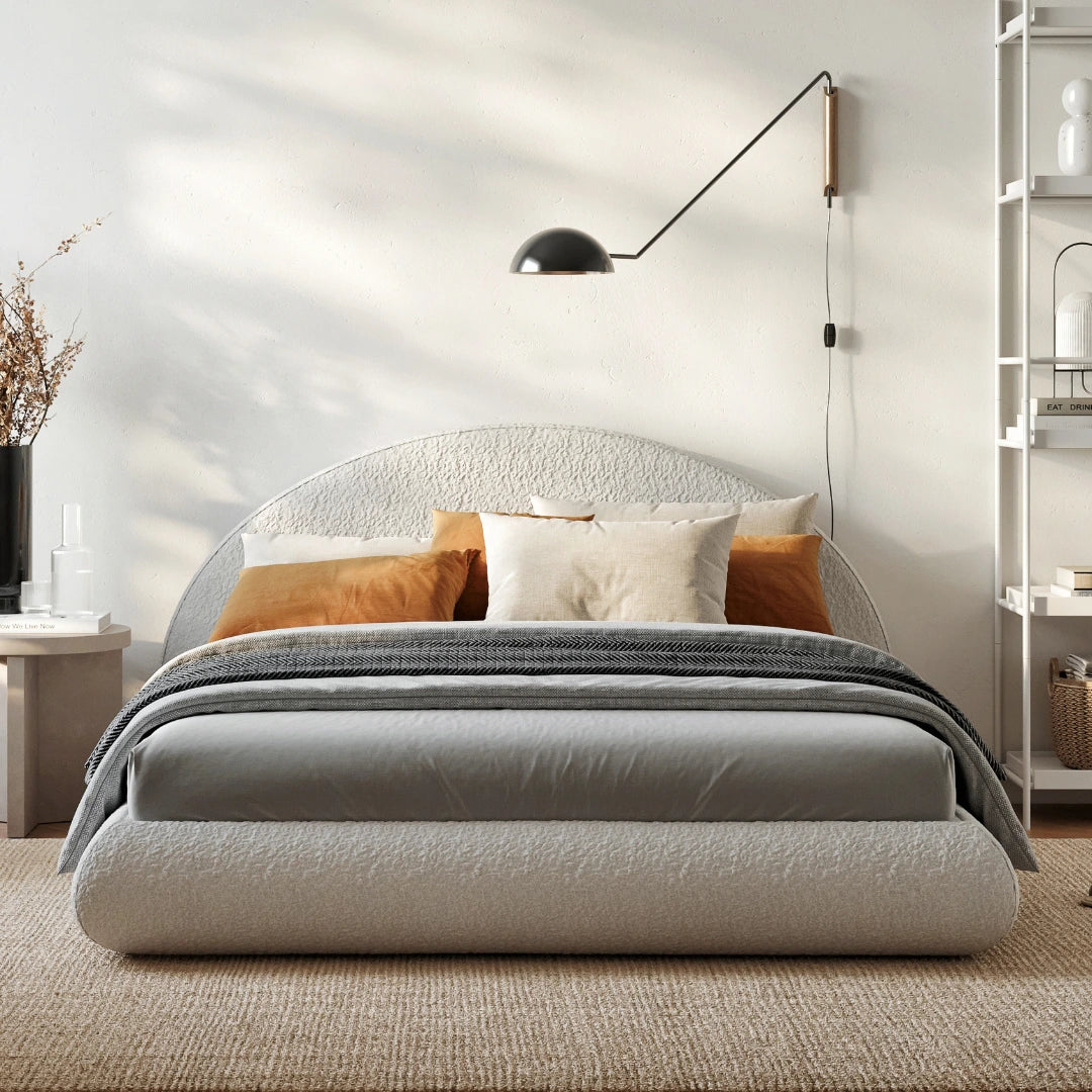 Bouclé cloud bed | Luna set, Queen, White, Front view | SoftFrame Designs