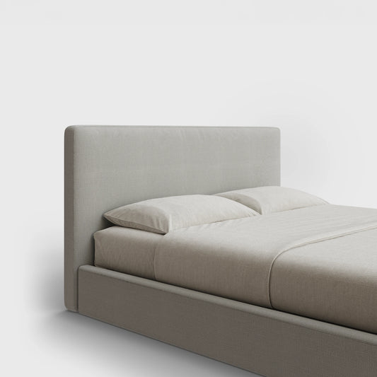 Classic Headboard | Fully Cushioned  Slim Rectangular Headboard |  Light Grey Moon Fabric | ¾ View | SoftFrame Designs