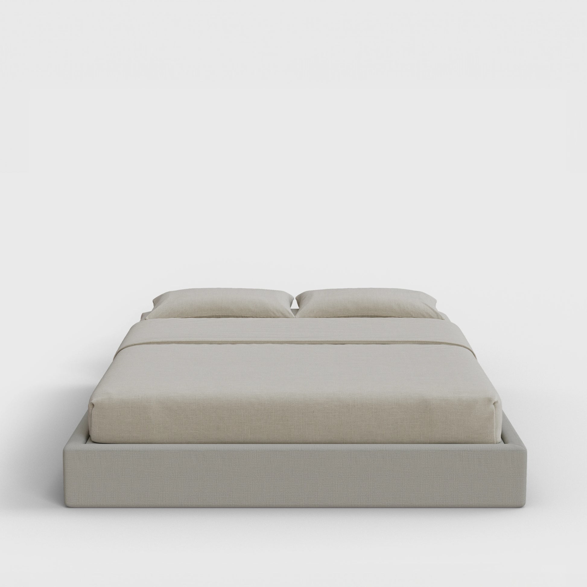 Classic Bed Frame | Fully Cushioned with Slim Rectangular Sides |  Light Grey Moon Fabric | Front View | SoftFrame Designs