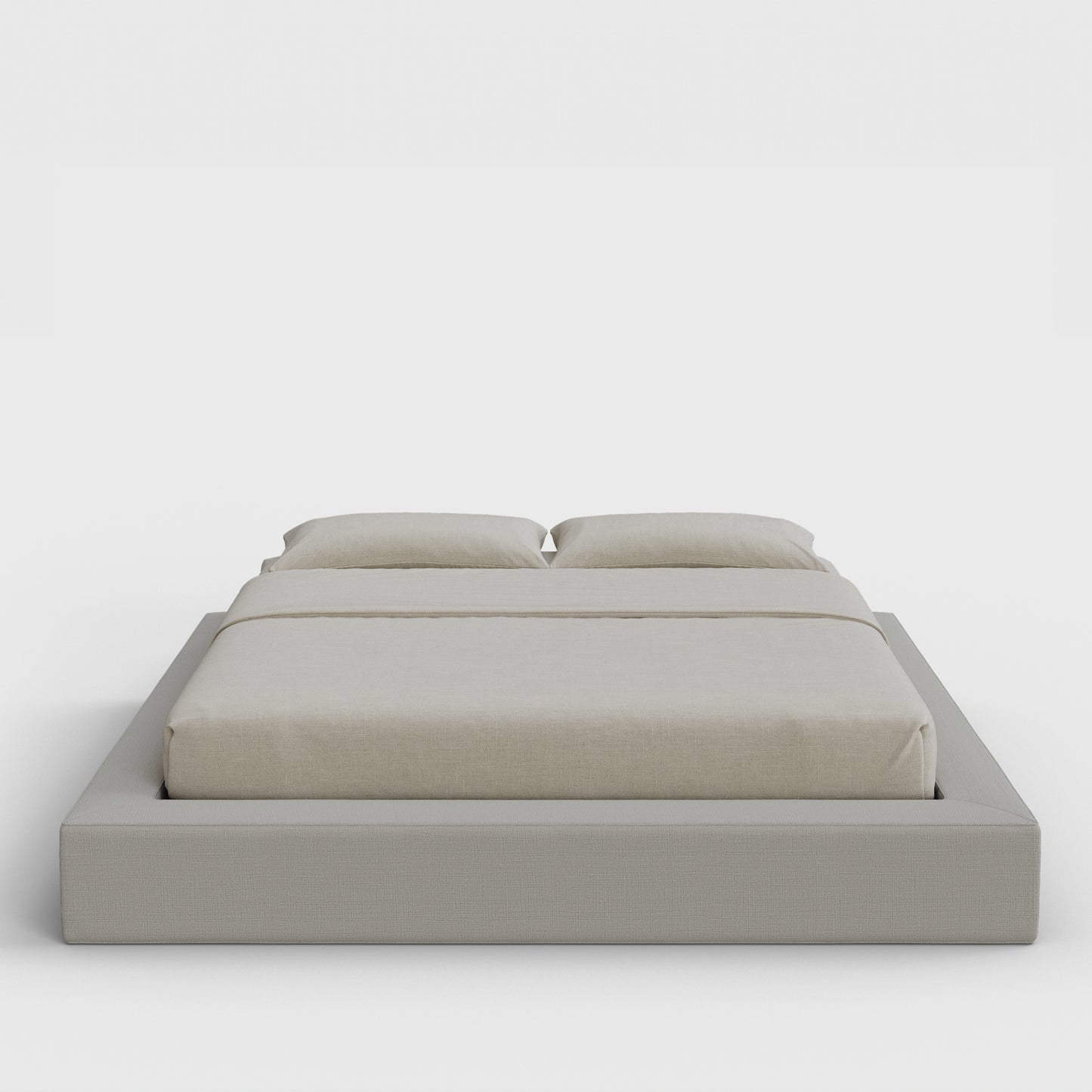 Ultra Bed Frame | Fully Cushioned with Rectangular Sides |  Light Grey Moon Fabric | Front View | SoftFrame Designs