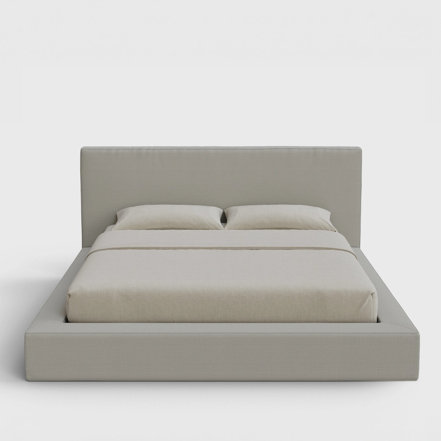 Ultra Bed Frame Set | Fully Cushioned with Rectangular Sides |  Light Grey Moon Fabric | Front View | SoftFrame Designs