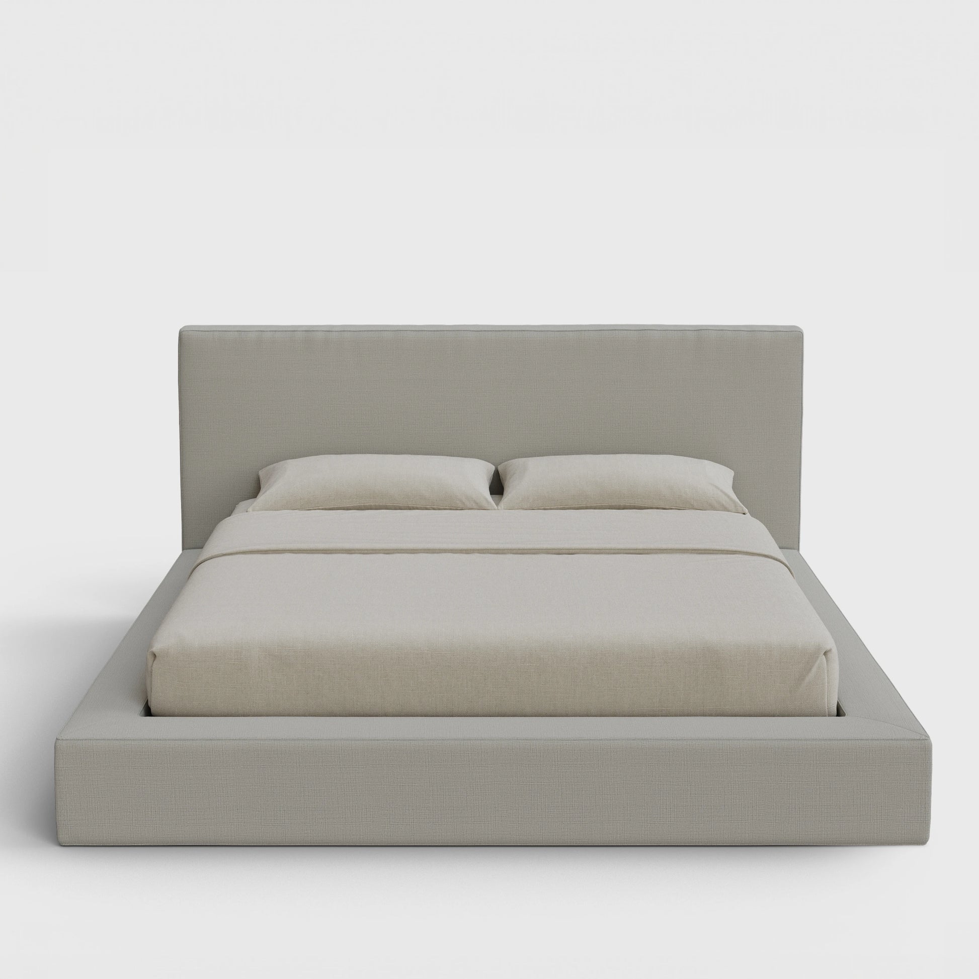 Ultra Bed Frame Set | Fully Cushioned with Rectangular Sides |  Light Grey Moon Fabric | Front View | SoftFrame Designs