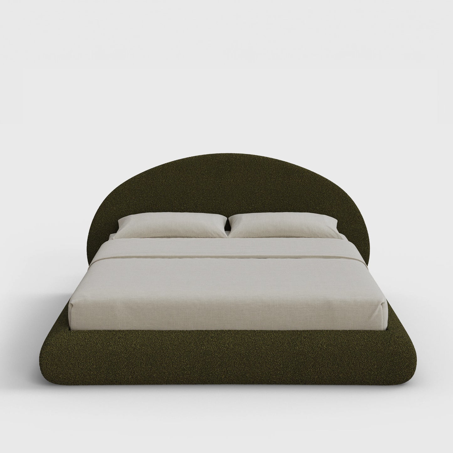 Luna Bed Frame Set | Fully Cushioned with Rounded Sides |  Moss Green Boucle Fabric | Front View | SoftFrame Designs