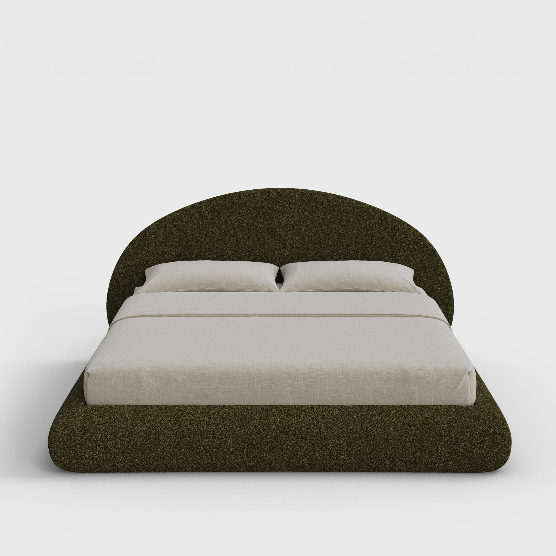 Luna Bed Frame Set | Fully Cushioned with Rounded Sides |  Moss Green Boucle Fabric | Front View | SoftFrame Designs