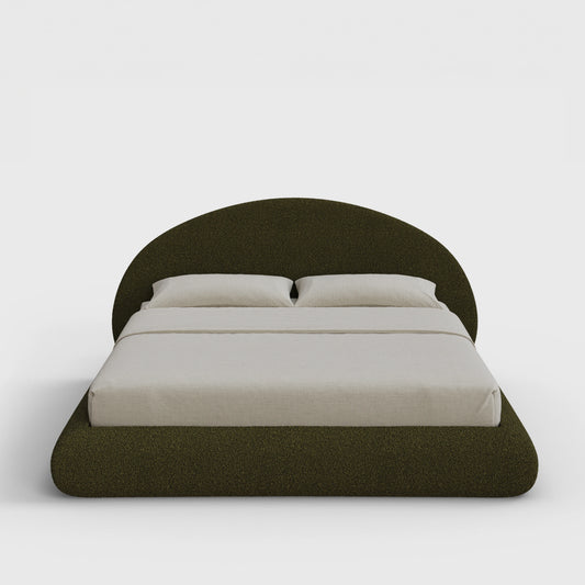 Luna Bed Frame Set | Fully Cushioned with Rounded Sides |  Moss Green Boucle Fabric | Front View | SoftFrame Designs