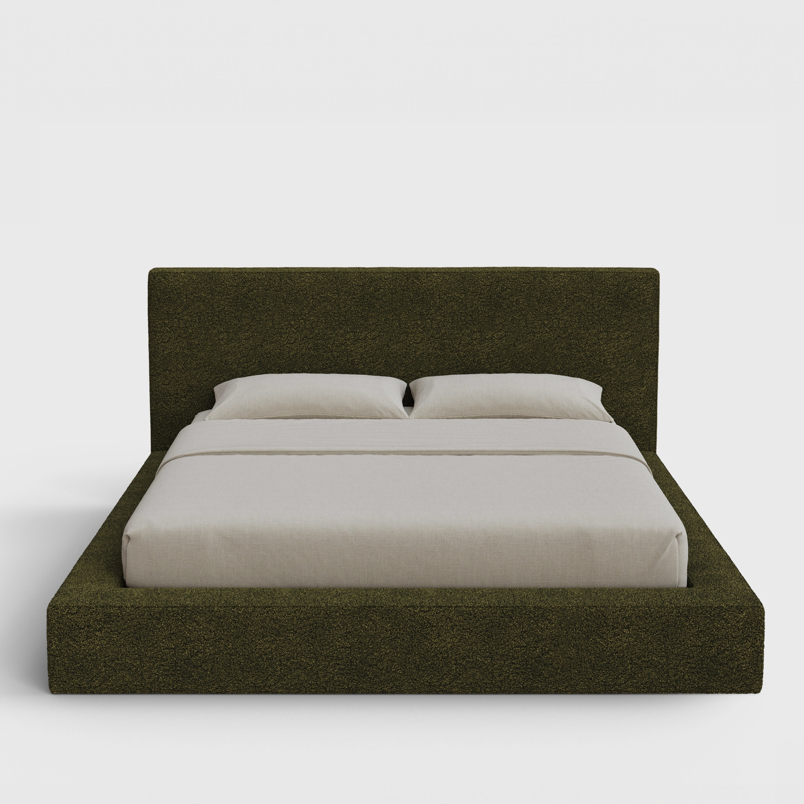 Ultra Bed Frame Set | Fully Cushioned with Rectangular Sides |  Moss Green Boucle Fabric| Front View | SoftFrame Designs