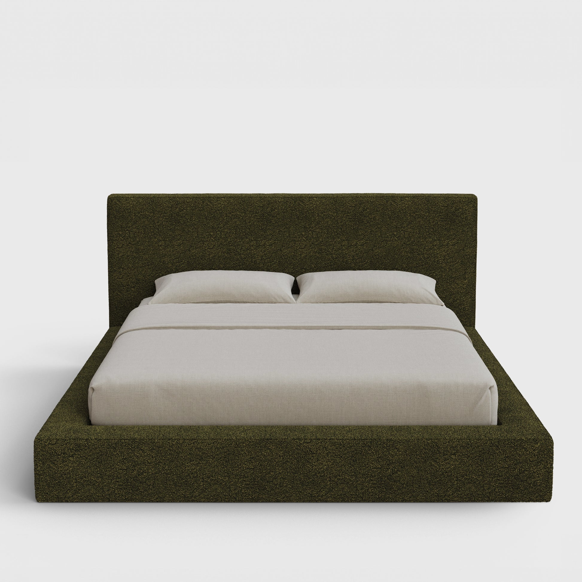 Ultra Bed Frame Set | Fully Cushioned with Rectangular Sides |  Moss Green Boucle Fabric| Front View | SoftFrame Designs