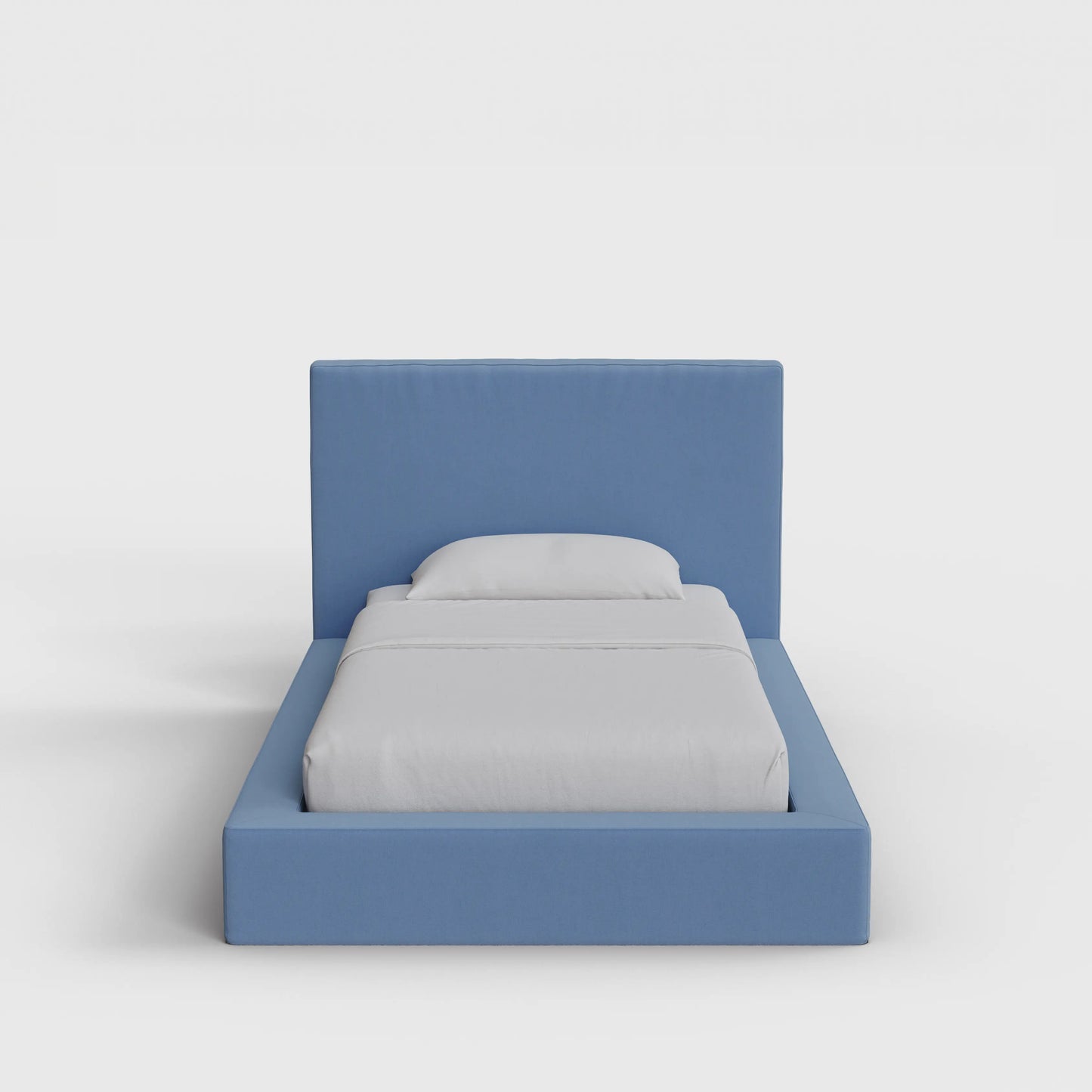 Ultra Bed Frame Set | Fully Cushioned with Rectangular Sides |  Sky Blue Fabric | Front View | SoftFrame Designs