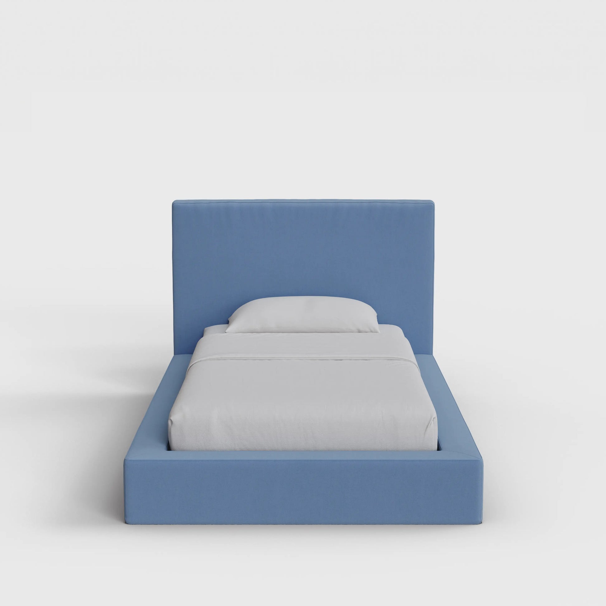 Ultra Bed Frame Set | Fully Cushioned with Rectangular Sides |  Sky Blue Fabric | Front View | SoftFrame Designs