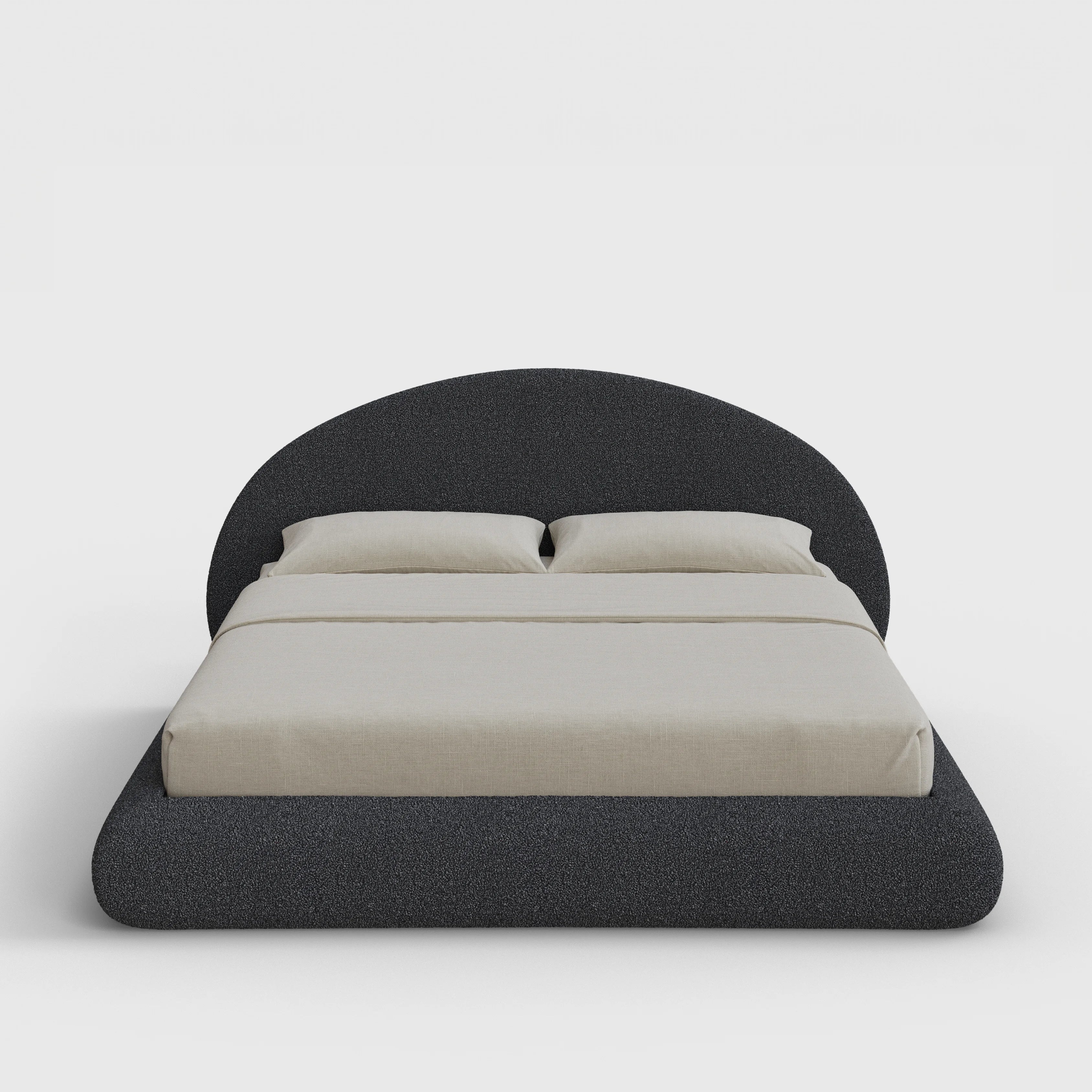 Luna Bed Frame Set | Fully Cushioned with Rounded Sides |  Medium Dark Grey Storm Boucle Fabric | Front View | SoftFrame Designs