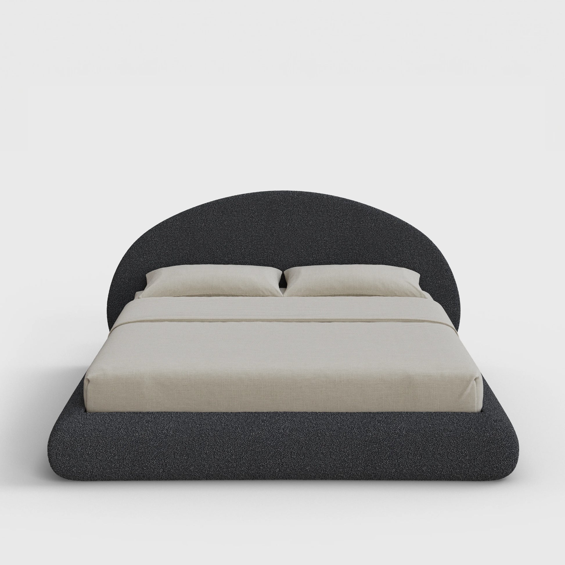 Luna Bed Frame Set | Fully Cushioned with Rounded Sides |  Medium Dark Grey Storm Boucle Fabric | Front View | SoftFrame Designs
