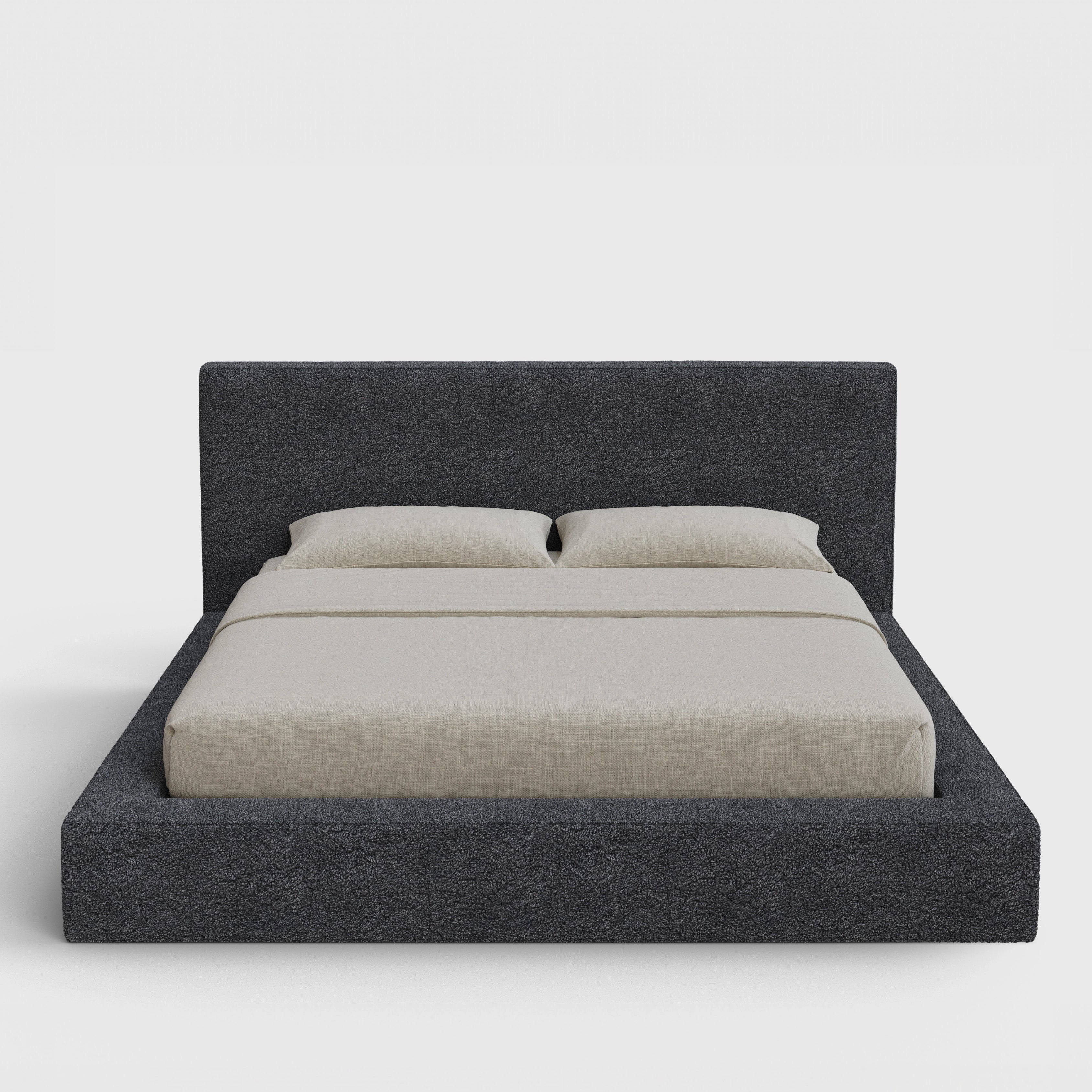 Ultra Bed Frame Set | Fully Cushioned with Rectangular Sides |  Medium Dark Grey Storm Boucle Fabric | Front View | SoftFrame Designs