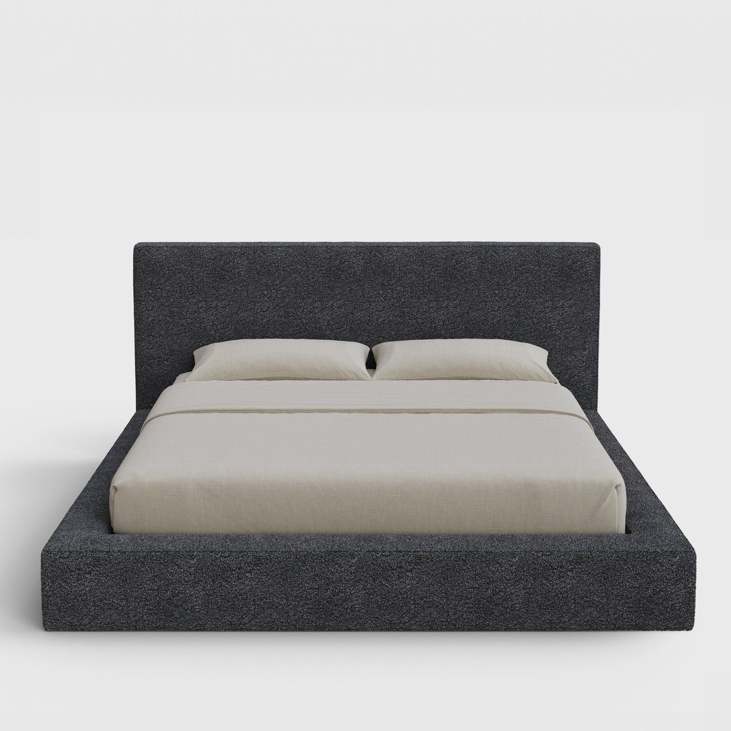 Ultra Bed Frame Set | Fully Cushioned with Rectangular Sides |  Medium Dark Grey Storm Boucle Fabric | Front View | SoftFrame Designs