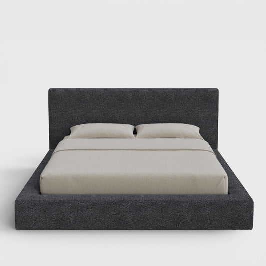 Ultra Bed Frame Set | Fully Cushioned with Rectangular Sides |  Medium Dark Grey Storm Boucle Fabric | Front View | SoftFrame Designs
