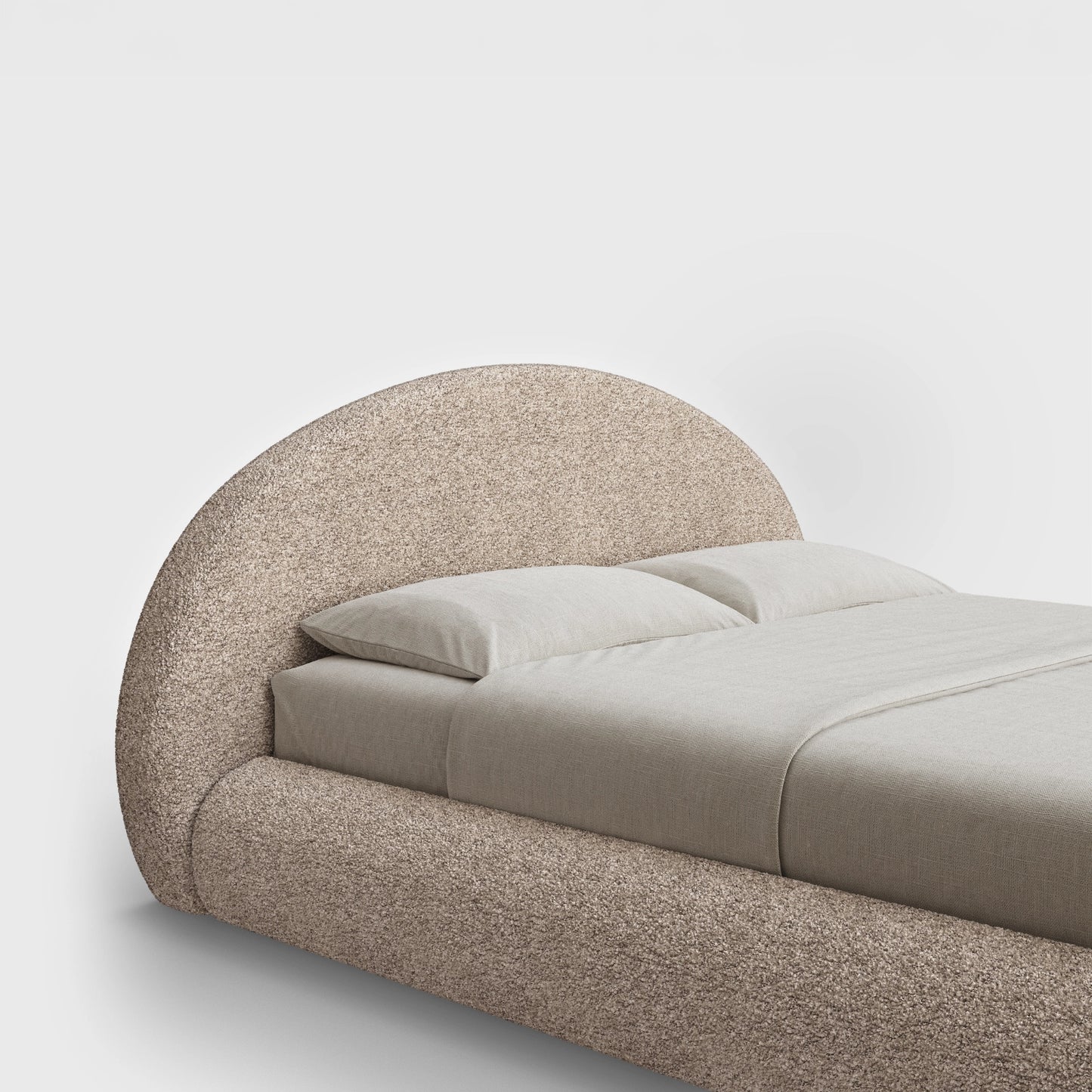 Luna Headboard | Fully Cushioned Rounded Headboard |  Teddy Light Brown Boucle Fabric | ¾ View | SoftFrame Designs
