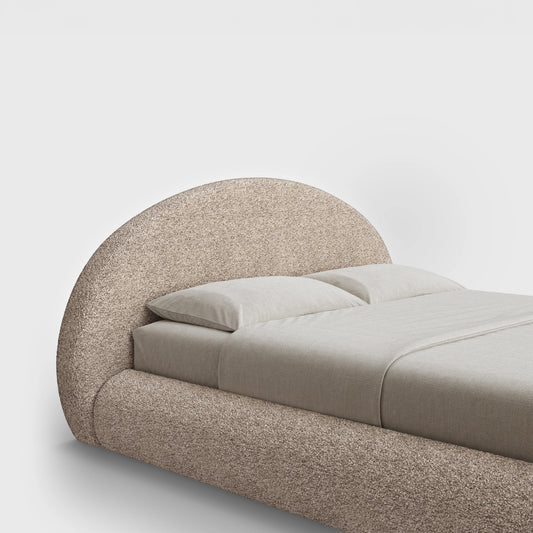 Luna Headboard | Fully Cushioned Rounded Headboard |  Teddy Light Brown Boucle Fabric | ¾ View | SoftFrame Designs