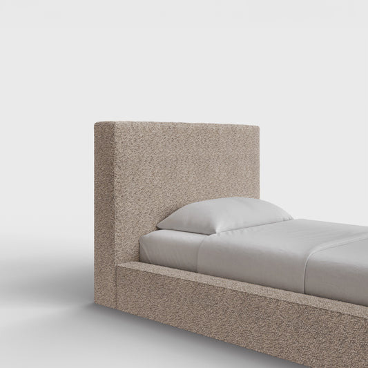 Ultra Headboard | Fully Cushioned Rectangular Headboard |  Teddy Light Brown Boucle Fabric | ¾ View | SoftFrame Designs