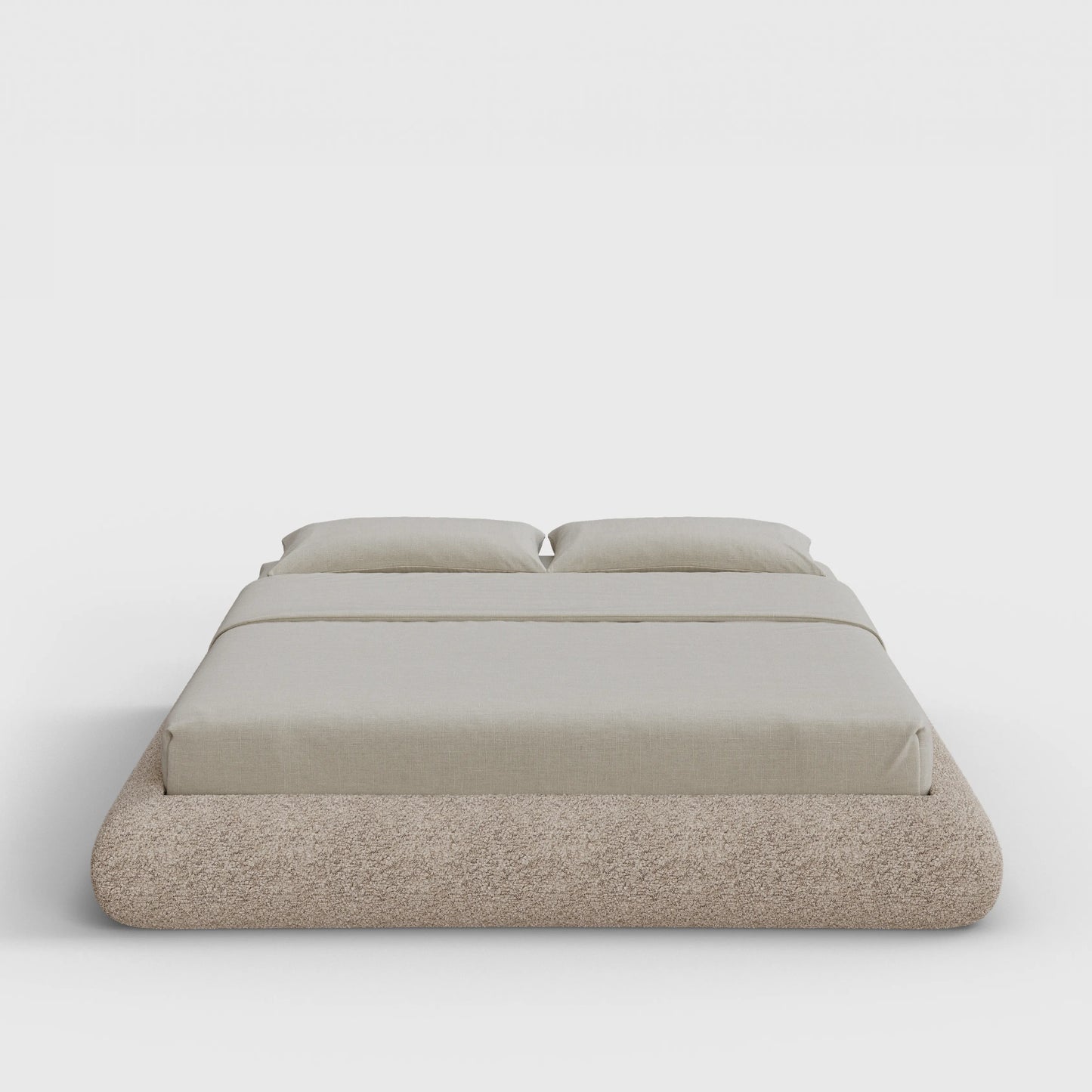 Luna Bed Frame | Fully Cushioned with Rounded Sides |  Teddy Light Brown Boucle Fabric | Front View | SoftFrame Designs