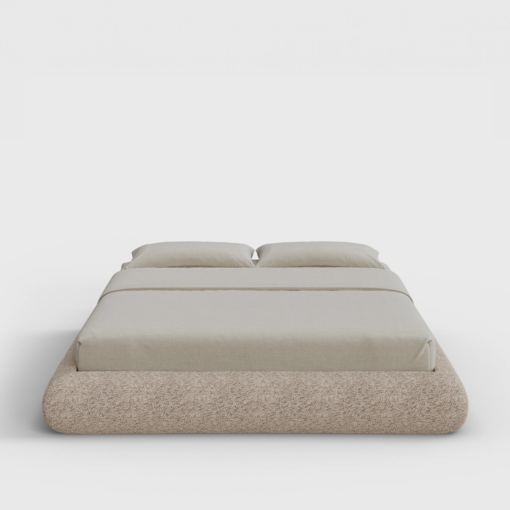 Luna Bed Frame | Fully Cushioned with Rounded Sides |  Teddy Light Brown Boucle Fabric | Front View | SoftFrame Designs
