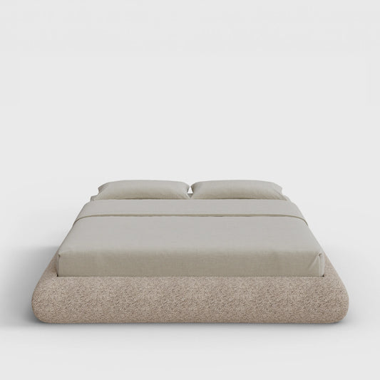 Luna Bed Frame | Fully Cushioned with Rounded Sides |  Teddy Light Brown Boucle Fabric | Front View | SoftFrame Designs