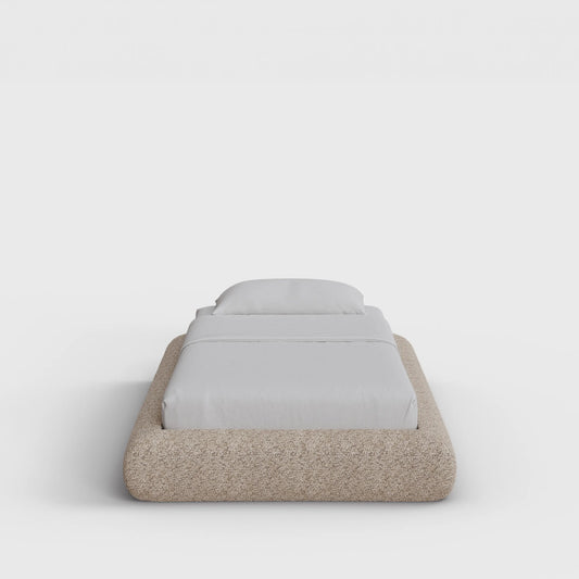 Luna Bed Frame | Fully Cushioned with Rounded Sides |  Teddy Light Brown Boucle Fabric | Front View | SoftFrame Designs