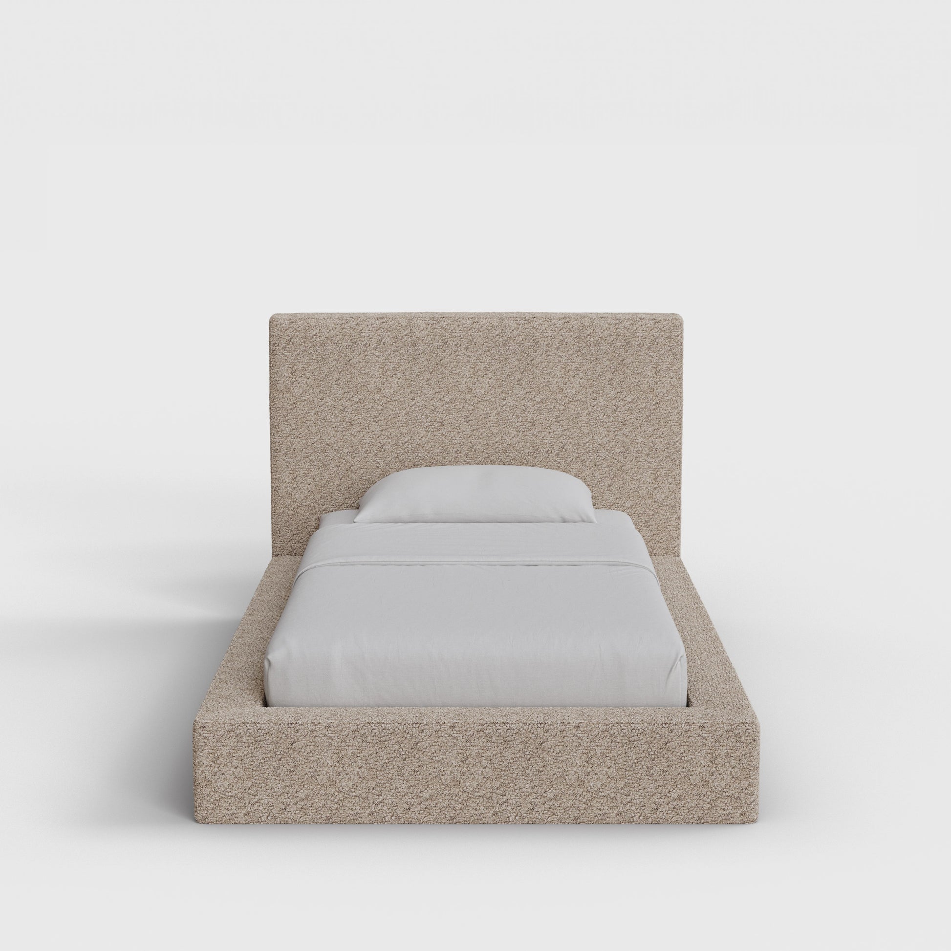 Ultra Bed Frame Set | Fully Cushioned with Rectangular Sides |  Teddy Light Brown Boucle Fabric | Front View | SoftFrame Designs