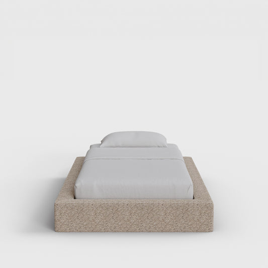 Ultra Bed Frame | Fully Cushioned with Rectangular Sides |  Teddy Light Brown Boucle Fabric| Front View | SoftFrame Designs