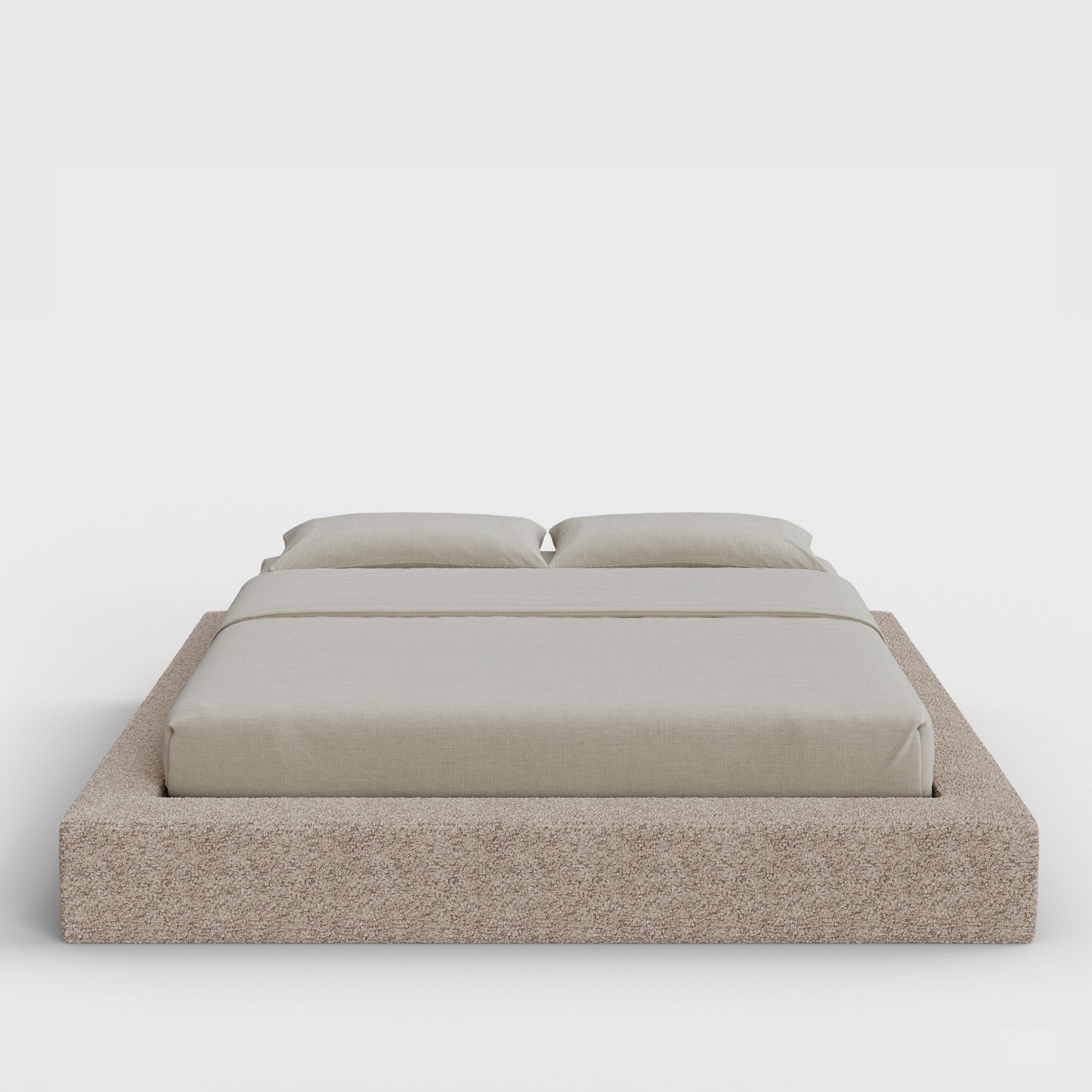 Ultra Bed Frame | Fully Cushioned with Rectangular Sides |  Teddy Light Brown Boucle Fabric | Front View | SoftFrame Designs