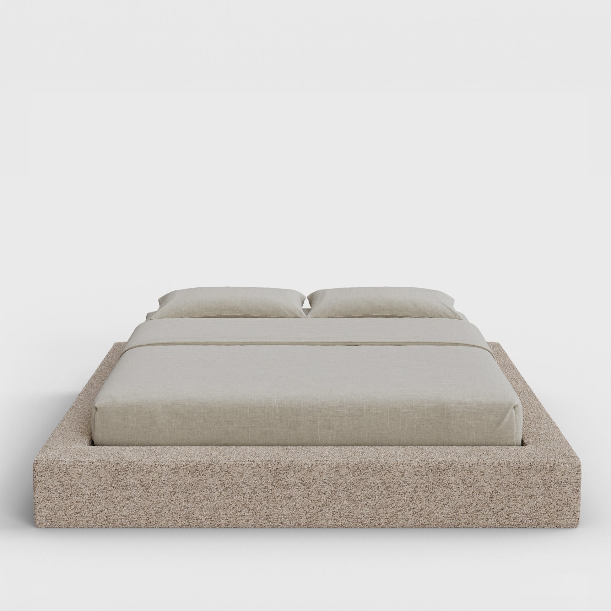 Ultra Bed Frame | Fully Cushioned with Rectangular Sides |  Teddy Light Brown Boucle Fabric | Front View | SoftFrame Designs