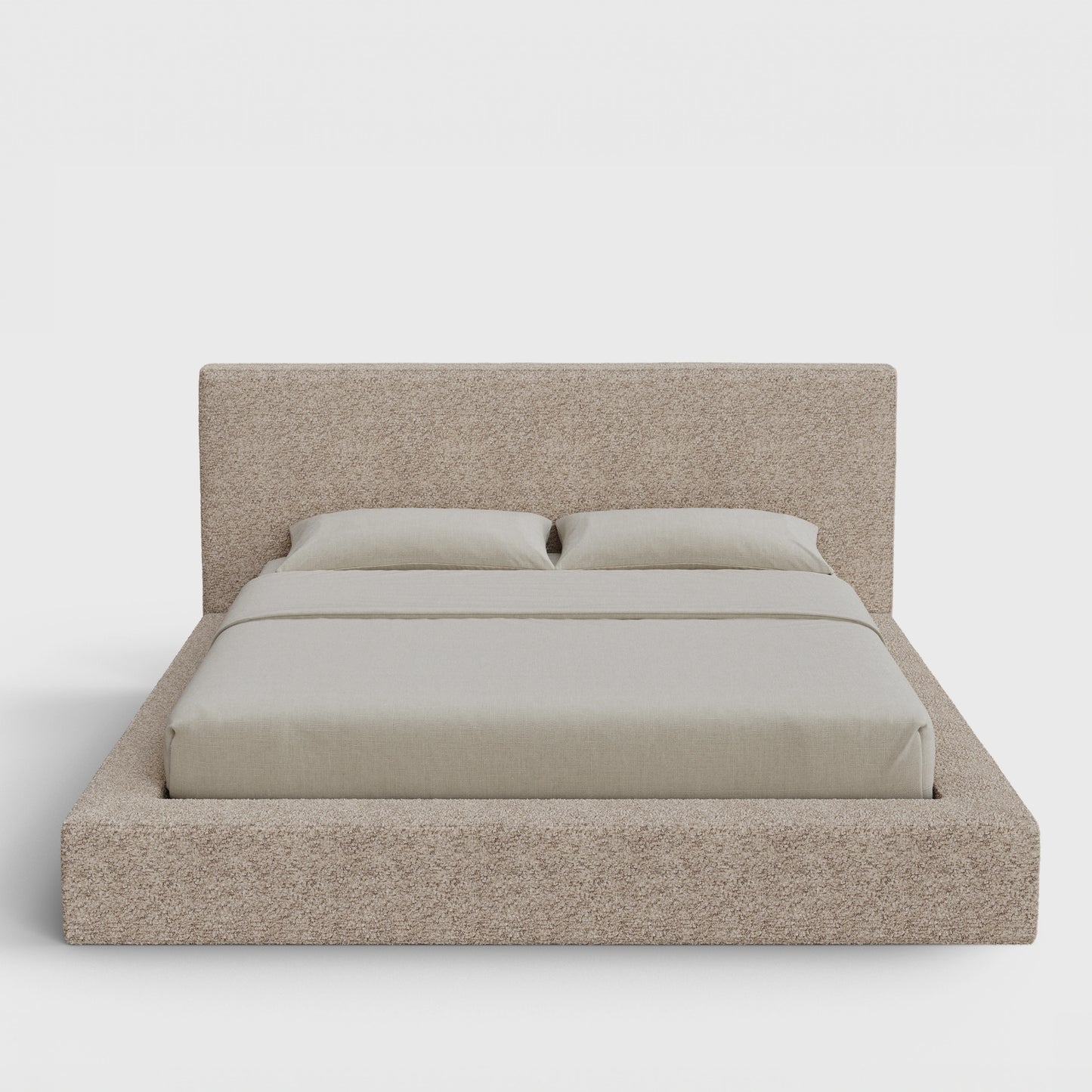 Ultra Bed Frame Set | Fully Cushioned with Rectangular Sides |  Teddy Light Brown Boucle Fabric | Front View | SoftFrame Designs
