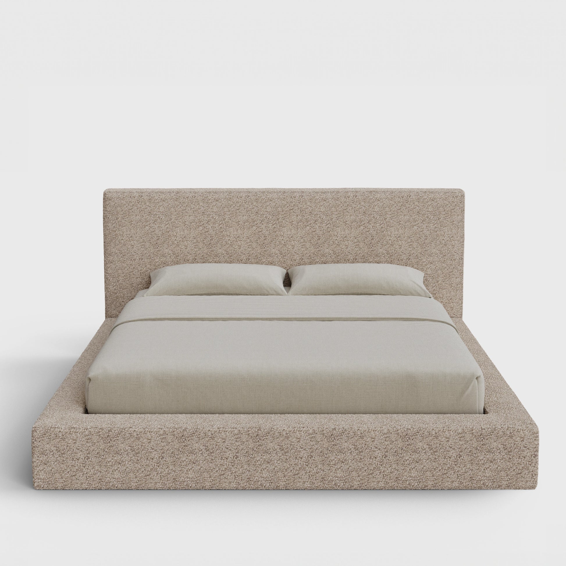 Ultra Bed Frame Set | Fully Cushioned with Rectangular Sides |  Teddy Light Brown Boucle Fabric | Front View | SoftFrame Designs