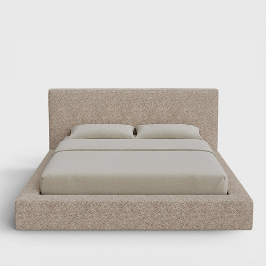 Ultra Bed Frame Set | Fully Cushioned with Rectangular Sides |  Teddy Light Brown Boucle Fabric | Front View | SoftFrame Designs