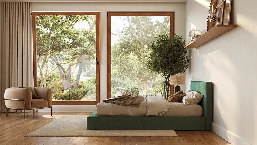 Eco-conscious, cloud bed frame in a room with big windows with beautiful trees outside | Ultra Set, Queen, Forest Green | SoftFrame Designs