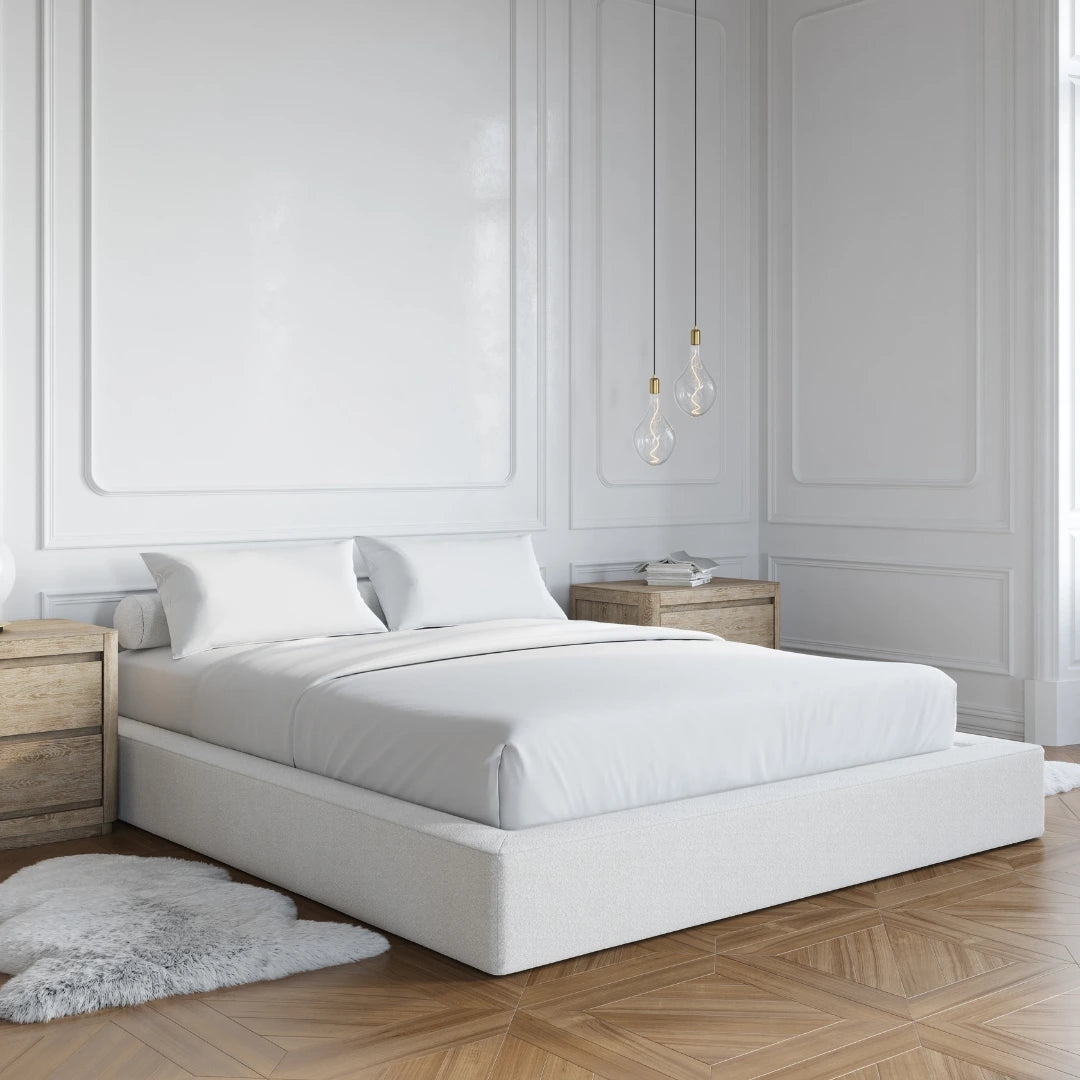 Cloud bed | Ultra bed frame in Bouclé| All cushioned bed set | 3/4 view | SoftFrame Designs