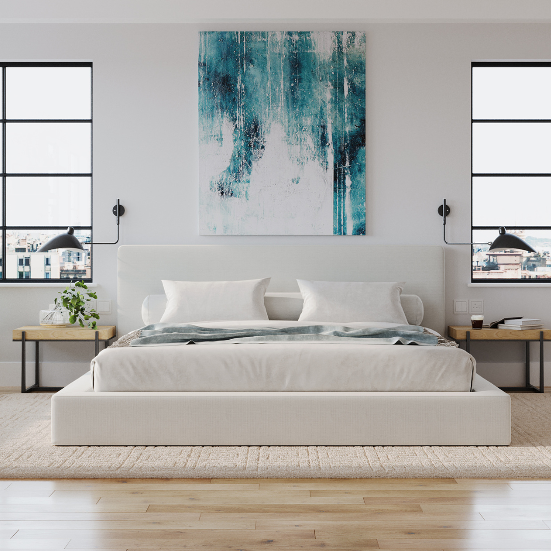 Upholstered Ultra white bed frame with headboard in city apartment