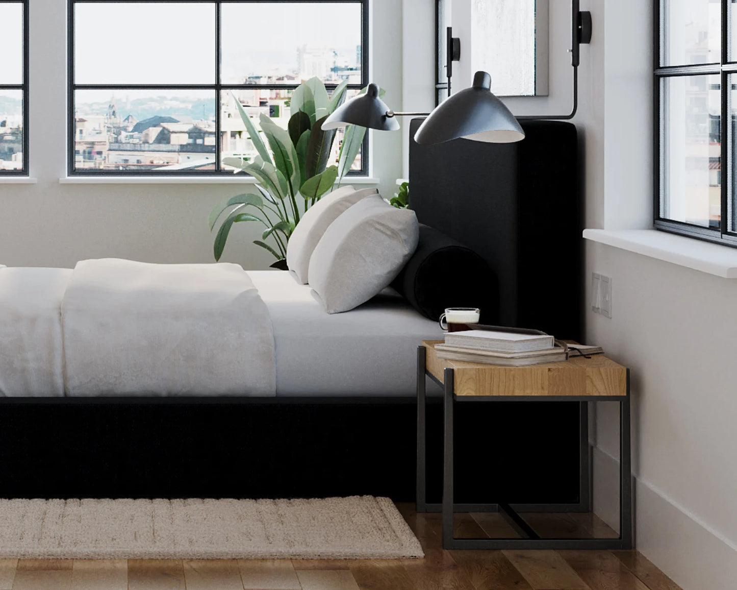Modern bedroom with a bed, nightstand, and large windows.