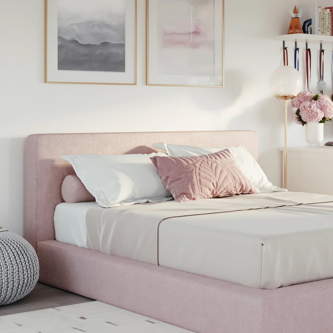 Pink All cushioned headboard | Kids Ultra bed frame, Queen, Cotton Candy pink, 3/4 view | SoftFrame Designs