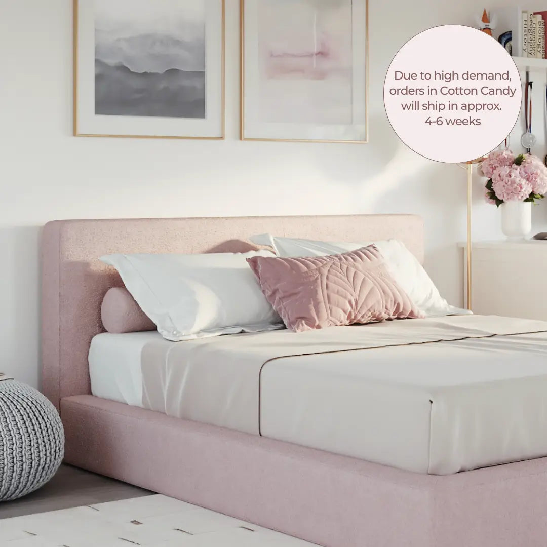 Pink All cushioned headboard | Kids Ultra bed frame, Queen, Cotton Candy pink, 3/4 view | SoftFrame Designs