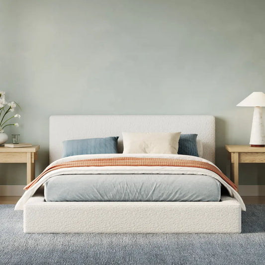 Ultra set in bouclé| Front view| All cushioned bed frame| Cloud bed | Queen| SoftFrame Designs