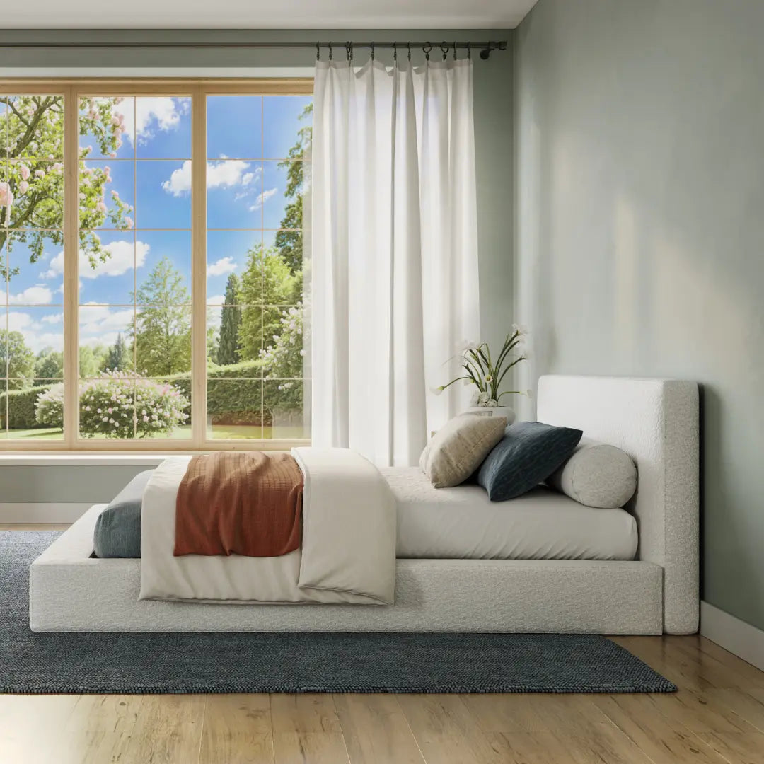 Ultra set Bouclé| Side view| All cushioned bed frame| SoftFrame Designs| Queen