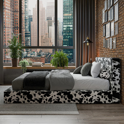 SoftFrame Designs | Cloud bed frame| All cushioned bed frame| Vegan Cowhide | Black and white| side view| Upholstered bed|