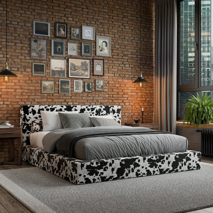 SoftFrame Designs | Cloud bed frame| All cushioned bed frame| Vegan Cowhide | Black and white| 3/4 view| Upholstered bed|