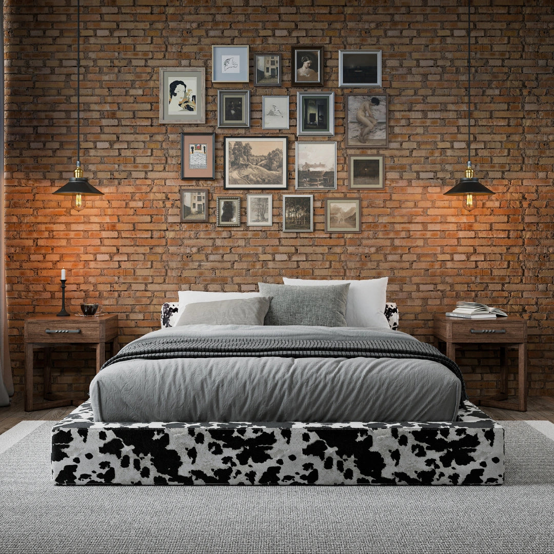 SoftFrame Designs | Cloud bed frame| All cushioned bed frame| Vegan Cowhide | Black and white| Front view| Upholstered bed| 