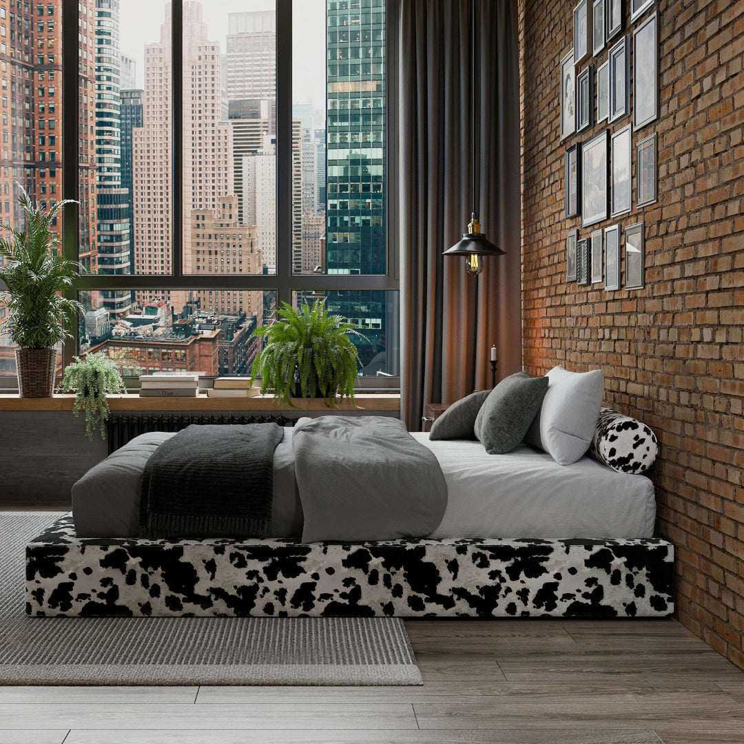 SoftFrame Designs | Cloud bed frame| All cushioned bed frame| Vegan Cowhide | Black and white| Front view| Upholstered bed|