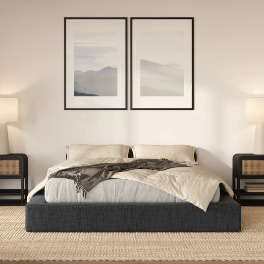 SoftFrame Designs | Cloud bed frame| All cushioned bed frame| Charcoal| Dark gray| Front view| Upholstered bed|